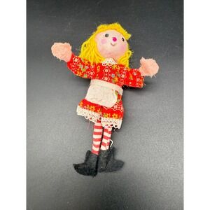 Vintage Handmade Christmas Ornament Fabric Doll Red Dress Blonde Yarn Hair